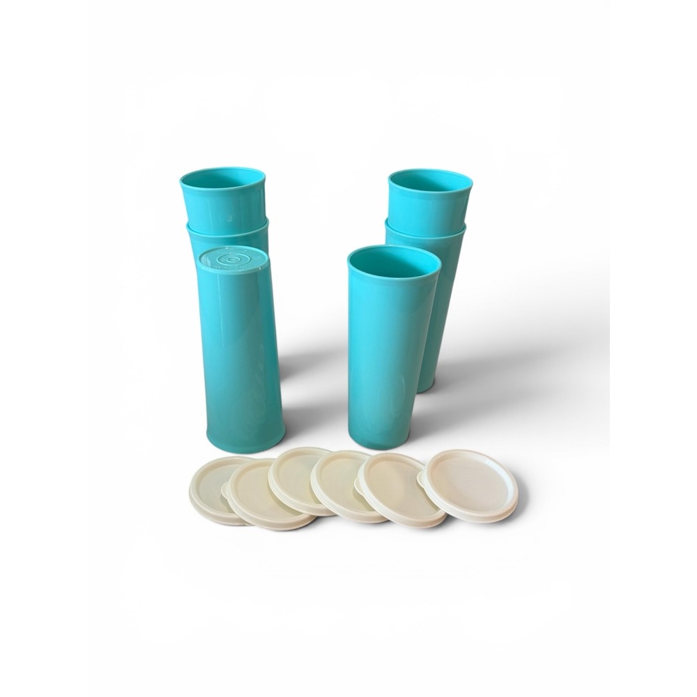 Tupperware Turquoise Blue Bell Tumblers 450ml Set of 6 with Cream Lids 5107L-6